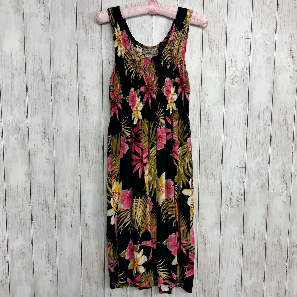 Vintage Aloha Hut Black Pink Rayon Midi Dress Smocked Tropical 90s Flowy
